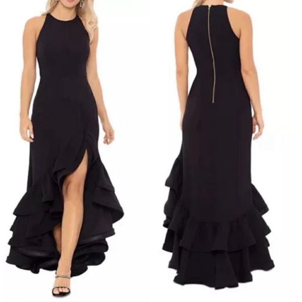 Betsy & Adam A22845  "ARIELLE" SCUBA CREPE RUFFLE SLIT GOWN $259